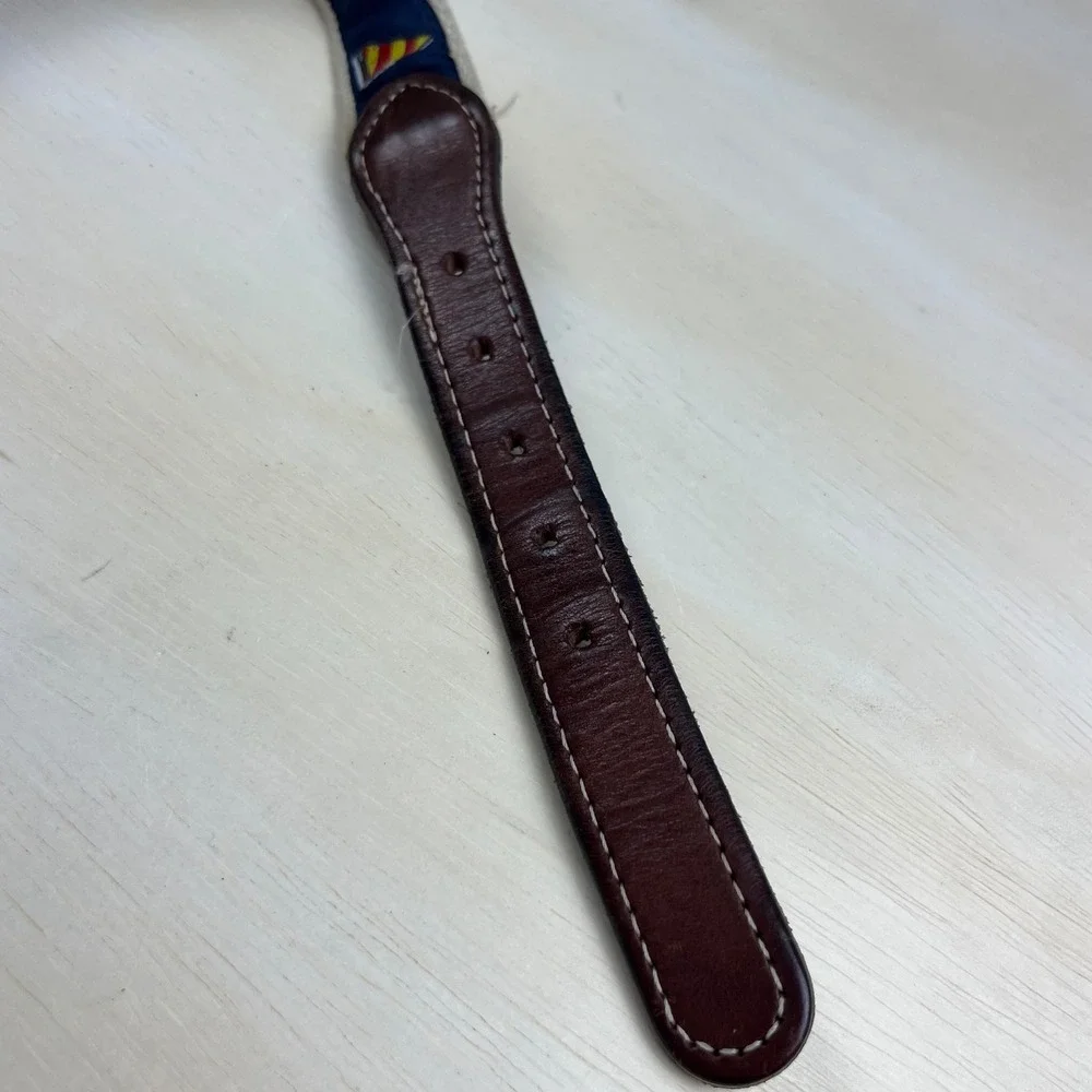 Nautical Sailboat Canvas Leather Belt Navy Solid Brass Buckle Size 34 preppy